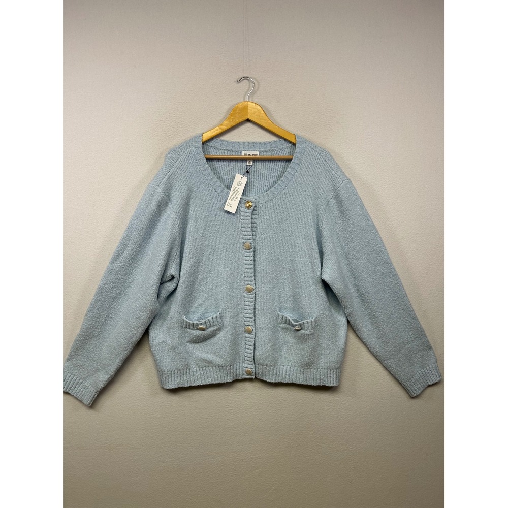 Coastal Grandmacore The Drop Womens 4X Light Blue Boucle Gold Button Cardigan
